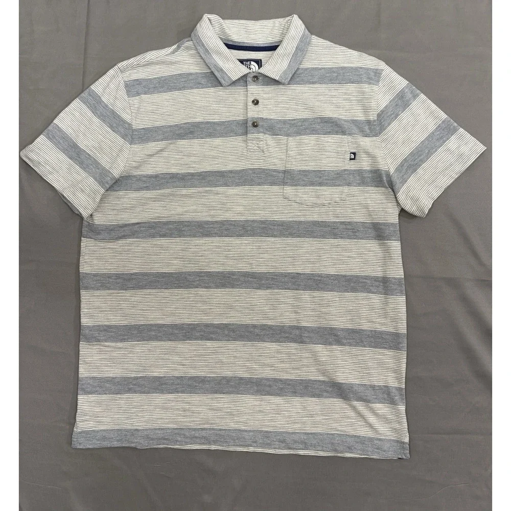 The North Face Gray Striped Polo - Men's Large - 70% Cotton/30% Poly